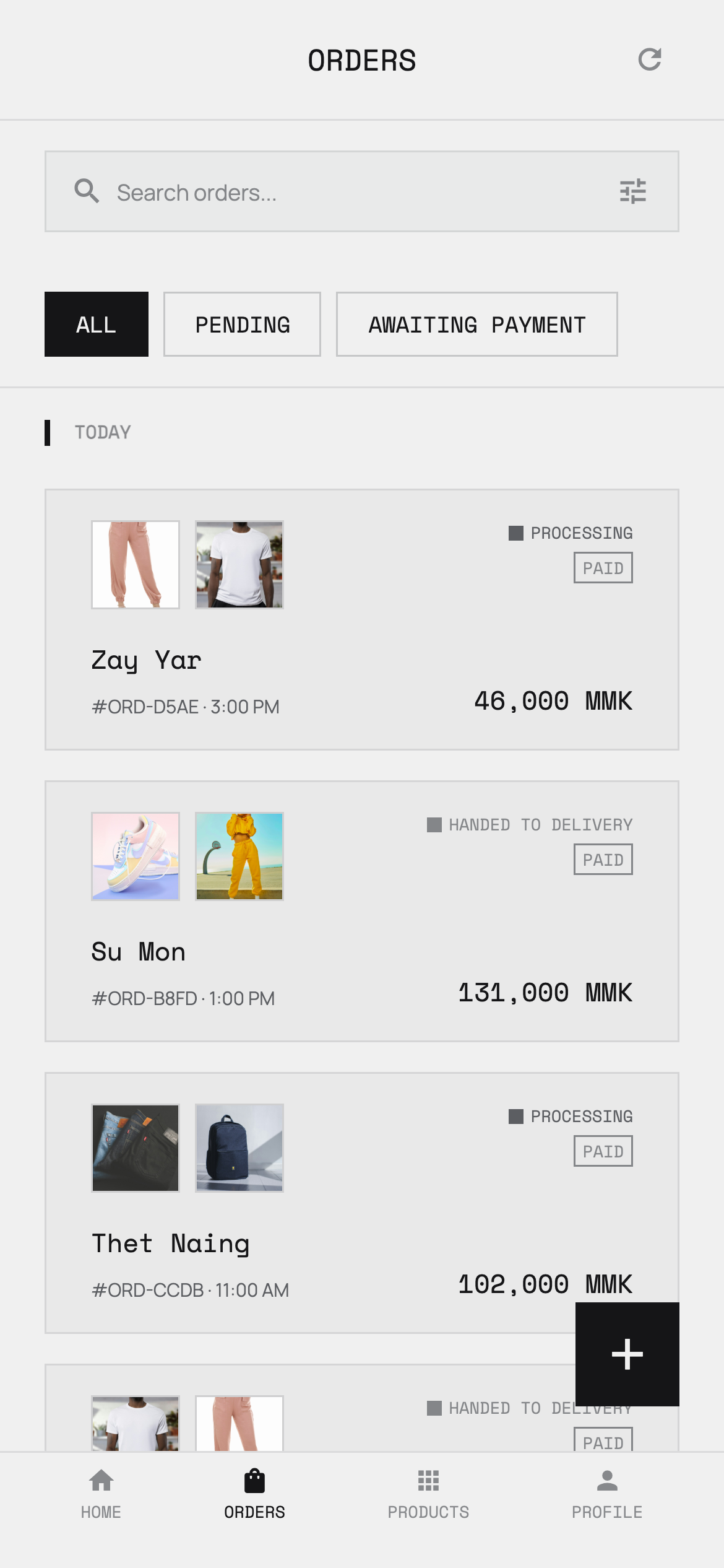 The order inbox, filtered by status, with each order's items, customer and total.