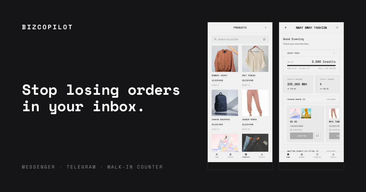 BizCoPilot's tagline, "Stop losing orders in your inbox", beside two screens of the shop app.